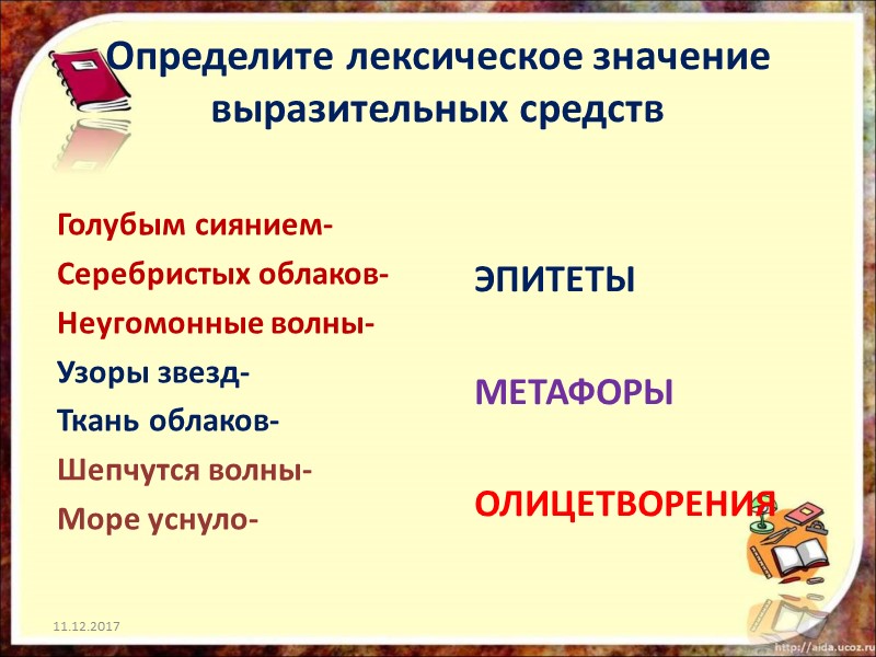 Определите лексическое значение выразительных средств Голубым сиянием- Серебристых облаков- Неугомонные волны- Узоры звезд- Ткань